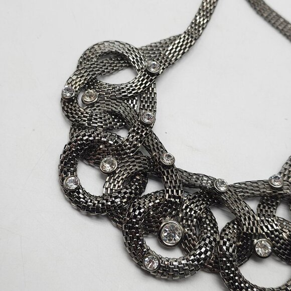 Vintage Mesh Chain Bib Necklace With Rhinestones Lobster Clasp - Picture 3 of 6